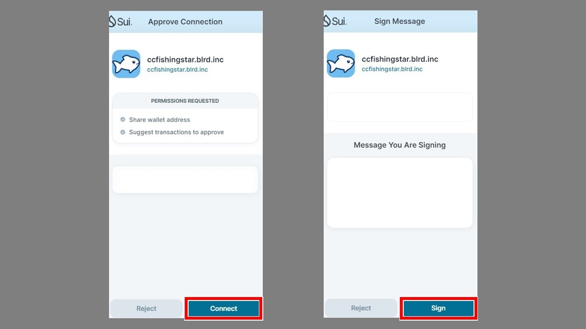 CC釣りスタ(Sui Walletで「Connect」を選択)