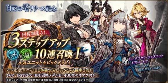 白磁の塔リリース記念3ステップアップ(水&風)召喚1ガチャシミュレーター