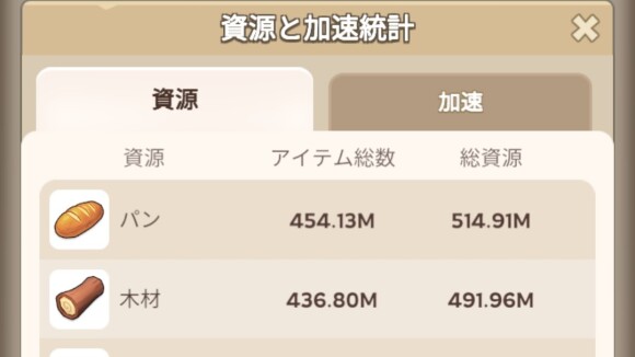 バッグで資源や加速アイテムの総量を確認