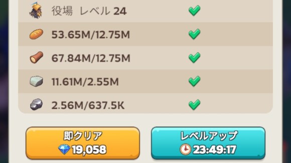 施設のレベルアップに必要