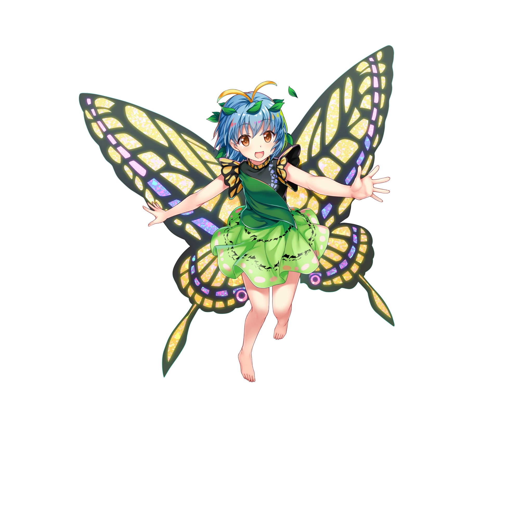 Safebooru 1girl D Antennae Barefoot Blue Hair Brown Eyes Butterfly Wings Eternity Larva Full 