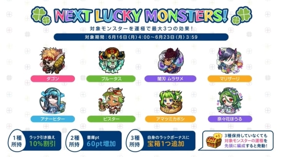 今週と来週のラッキーモンスターと運極おすすめキャラ