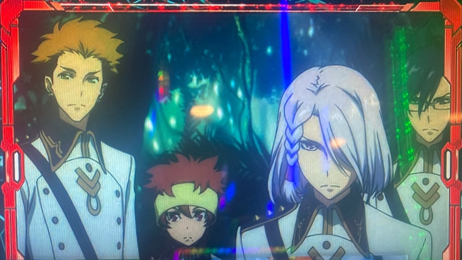 ヴァルヴレイヴスロット(スマスロ)のCZ・ボーナス終了画面　赤枠(男性4人)　高設定期待度アップ(強)(ヴヴヴ2/VVV2/ブブブ2)