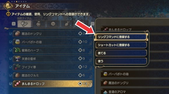 アイテムを選び「リングコマンドに登録する」を選択