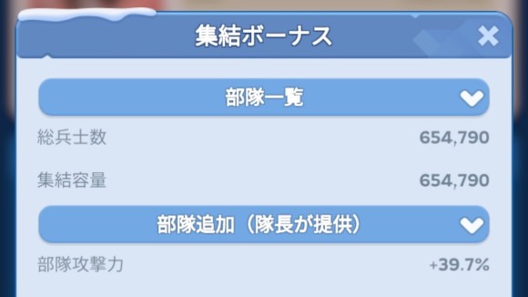 部隊一覧は集結に参加した総兵士数や集結容量